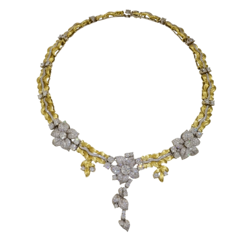 19384 Grand Jasmin de Nuit Diamond Drop Necklace Designed & Handmade by Kaufmann de Suisse in 18kt Yellow & White Gold featuring 581 Round Brilliant Cut FVVS Quality Diamond