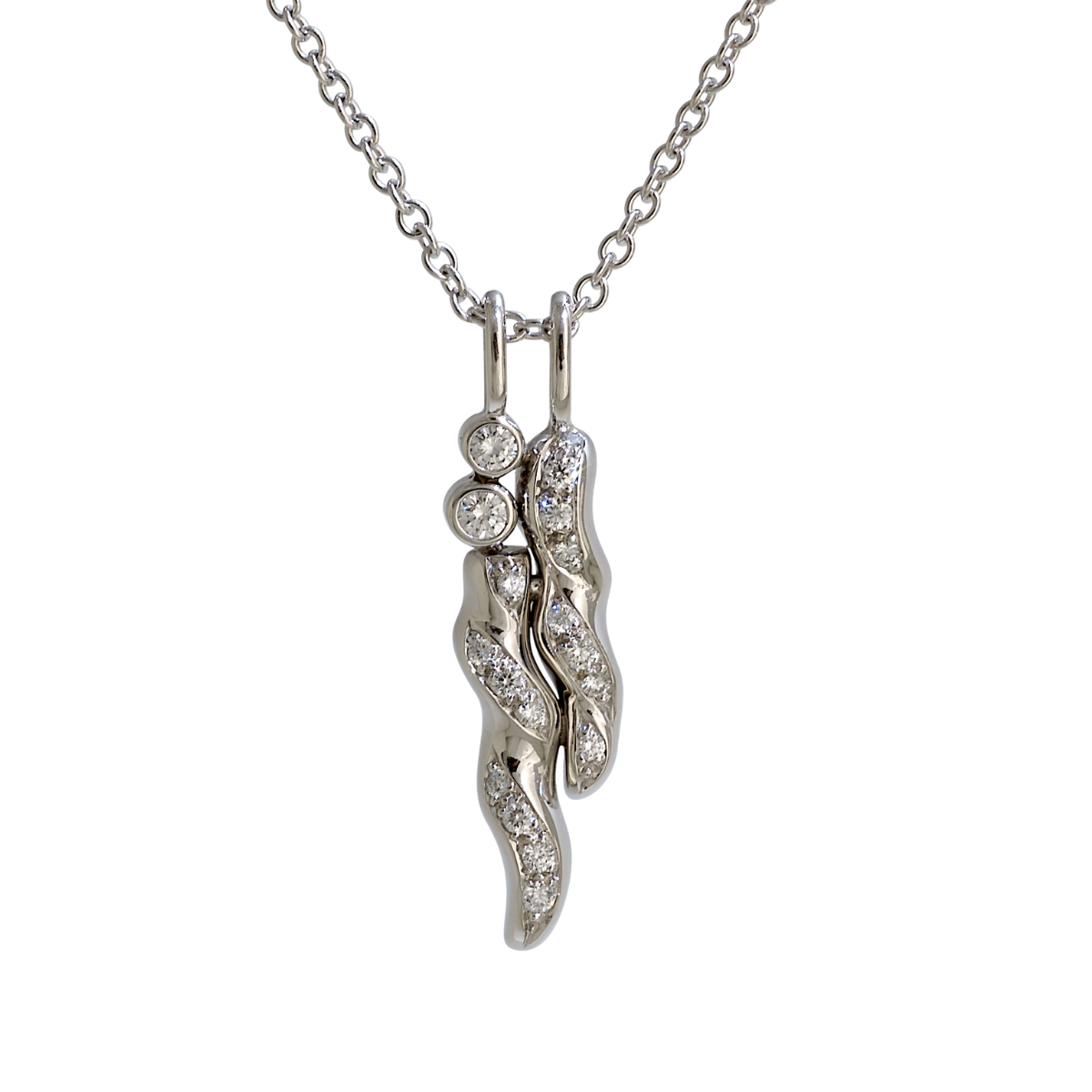 19511 White Gold Flowing Lines Pendant Designed and Handmade by Kaufmann de Suisse in 18kt White Gold featuring 18 Round Brililant cut FVVS Quality Diamonds weighing