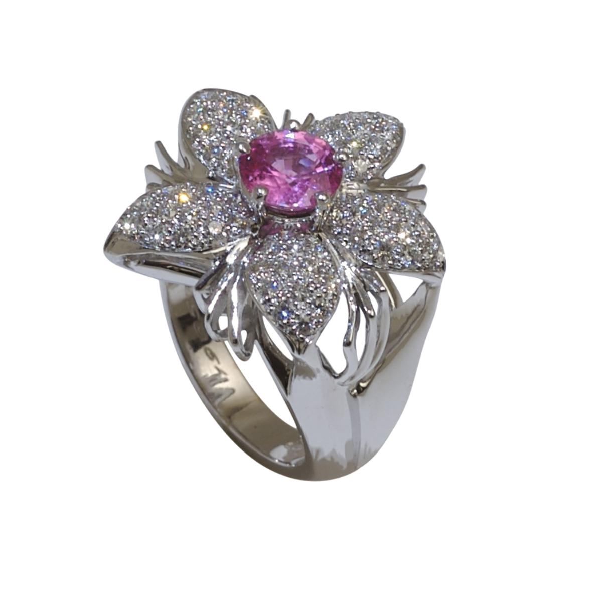 19657 Jasmin de Nuit Pink Sapphire and Diamond Ring Designed and Handmade by Kaufmann de Suisse in 18kt White Gold and Platinum featuring 1 Round Pink Sapphire weighing