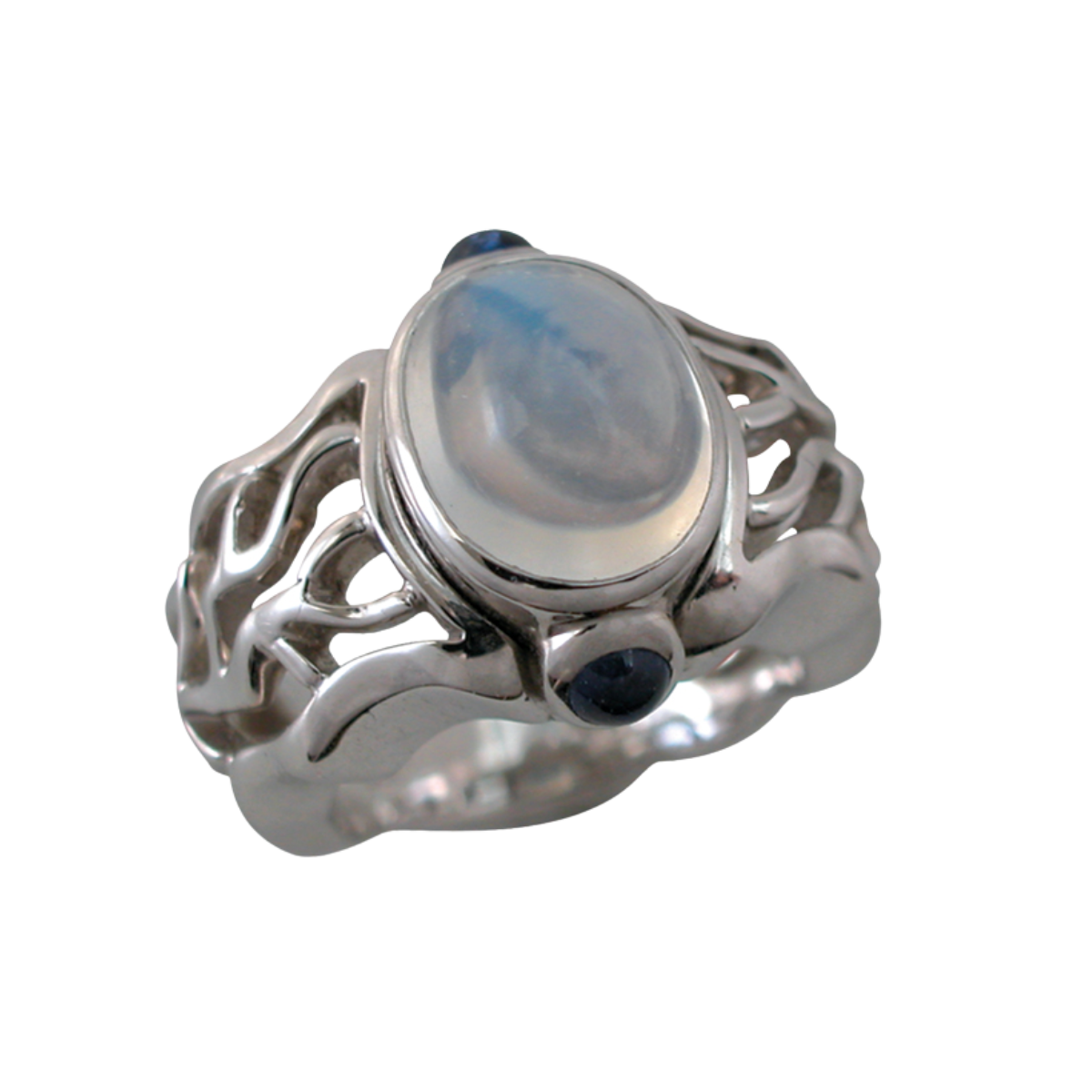 20002 Triple Flowing Lines Moonstone Ring Designed & Handmade by Kaufmann de Suisse in Stainless Steel and 18kt Yellow Gold featuring 1 Oval Cabochon cut Moonstone weighing 4.00cts