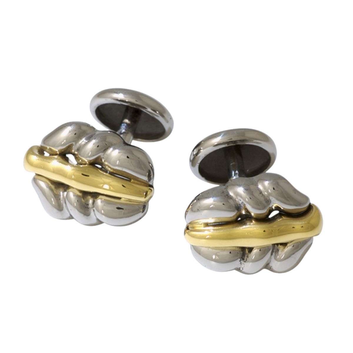 20538 Flowing Lines Cufflinks Designed and Handmade by Kaufmann de Suisse in Stainless Steel & 18kt Yellow Gold
