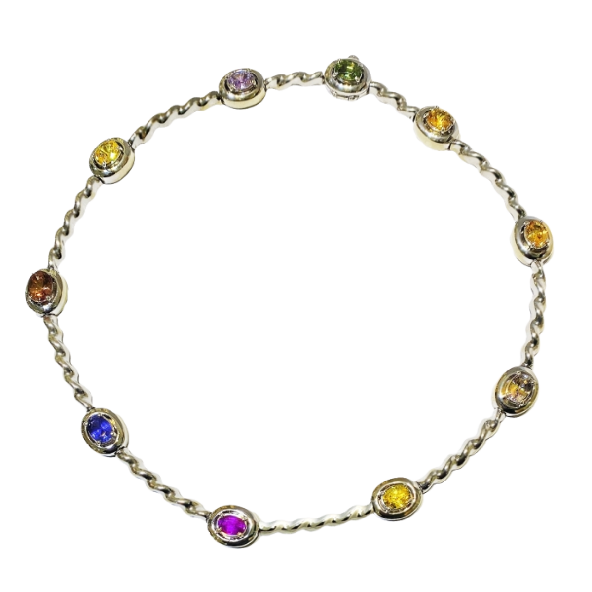 21100 Flowing Lines Sapphire & Diamond Collar Necklace Designed & Handmade by Kaufmann de Suisse in 18kt White Gold featuring 10 Oval Cut Multi Color Sapphires weighing a total of 12.16cts