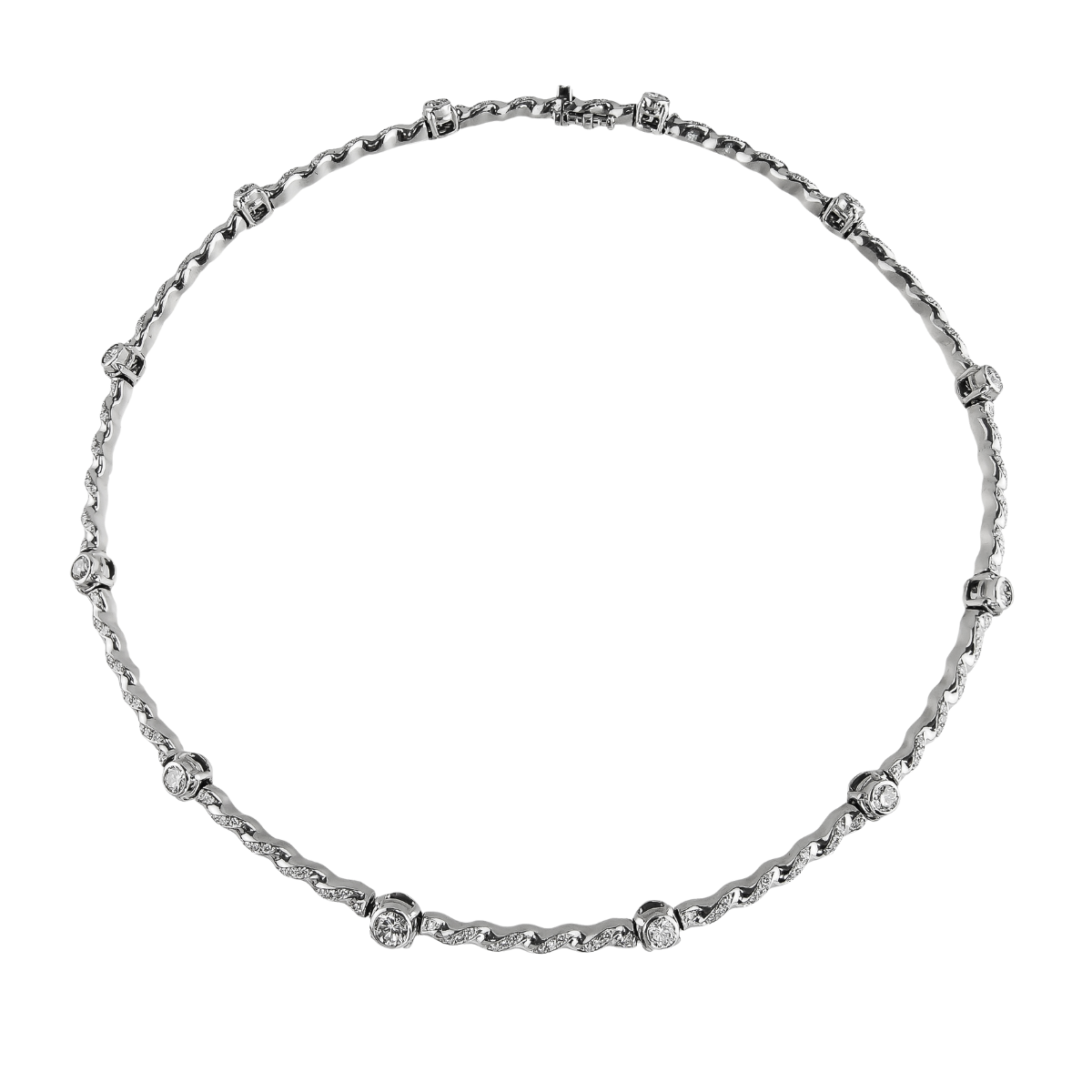 21222 Single Flowing Lines Diamond Necklace Designed and Handmade by Kaufmann de Suisse in 18kt White Gold featuring 12 Round Brilliant Cut GVS Quality Diamonds