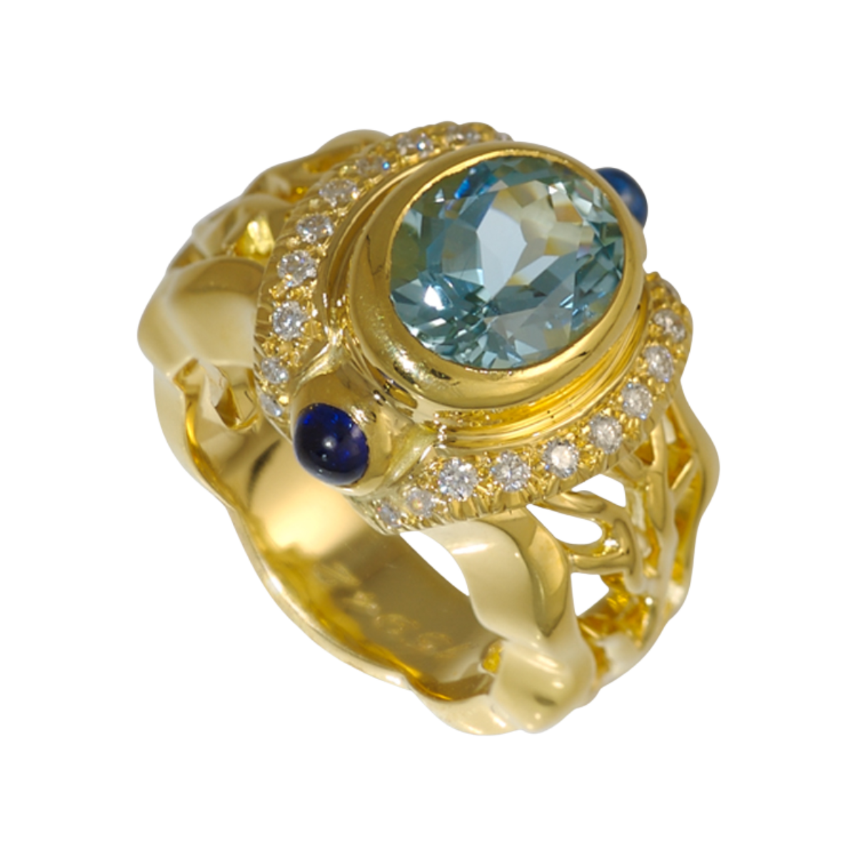 21301 Double Flowing Lines Oval Blue Topaz Ring Designed & Handmade by Kaufmann de Suisse in 18kt Yellow Gold featuring a 3.09cts Oval cut Blue Topaz