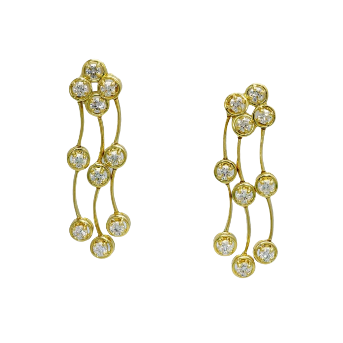 21414 Triple Cascade Diamond Earrings Designed & Handmade by Kaufmann de Suisse in 18kt Yellow Gold featuring 20 Round Brilliant Cut HVS2 Diamond weighing a total of 3.64cts