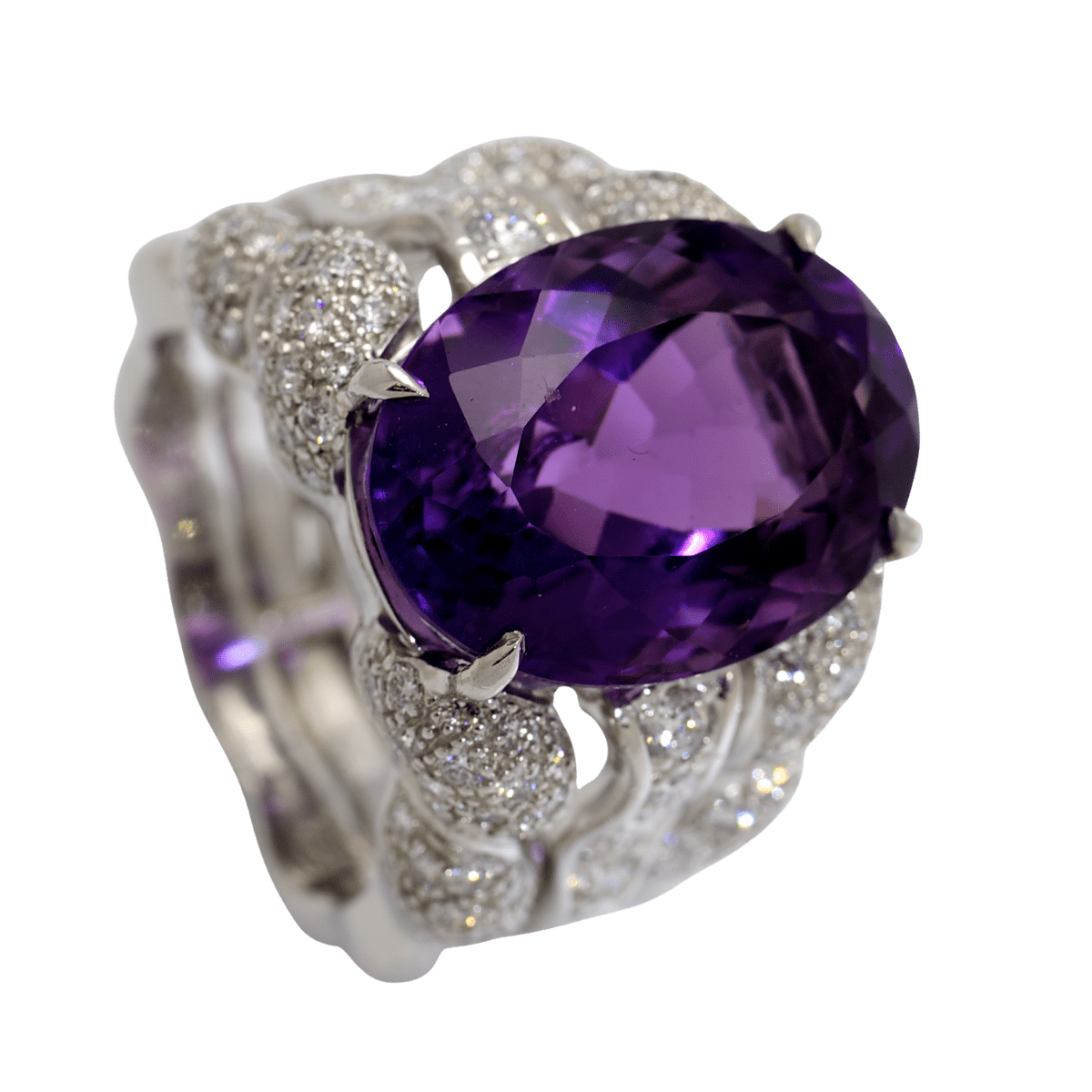 21530 Triple Flowing Lines Amethyst & Diamond Ring Designed & Handmade by Kaufmann de Suisse in Platinum featuring one Oval Cut 13.05cts Amethyst mounted with 128