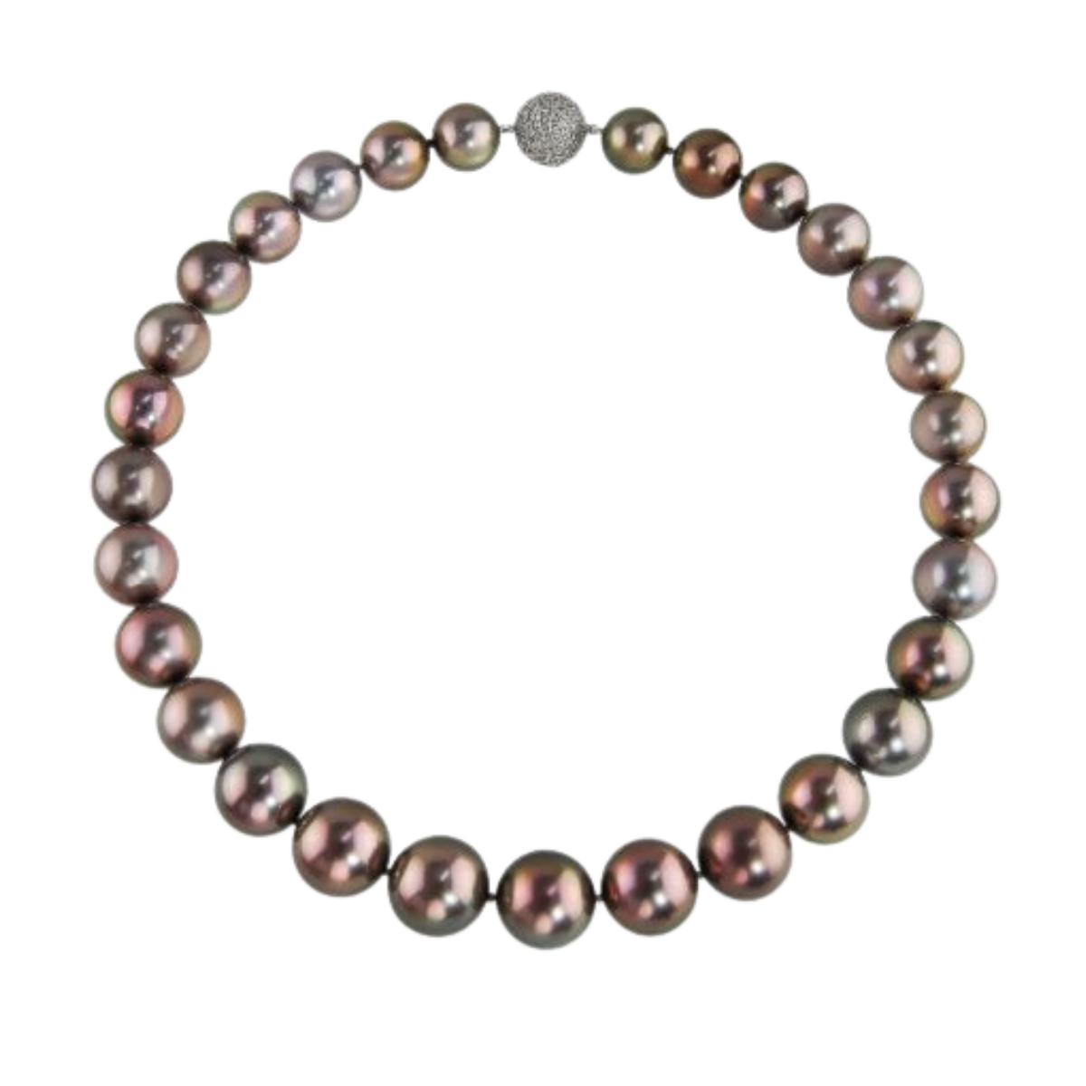 21732 Tahitian Pearl Strand Necklace featuring 29 Round Aubergine Color Tahitian Pearls measuring from 12.8 15.9mm with an 18kt White Gold Tongue in Diamond Ball Clasp featuring 148 Rou