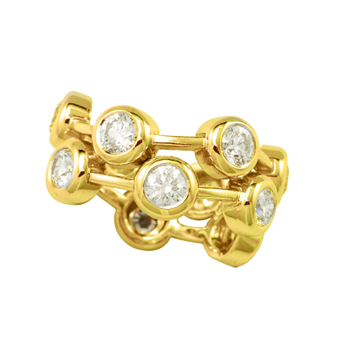21814 2 Row Cascade Diamond Ring Designed & Handmade by Kaufmann de Suisse in 18kt Yellow Gold featuring 10 Round Brilliant Cut GVS Quality Diamonds weighing a total of 2.57cts