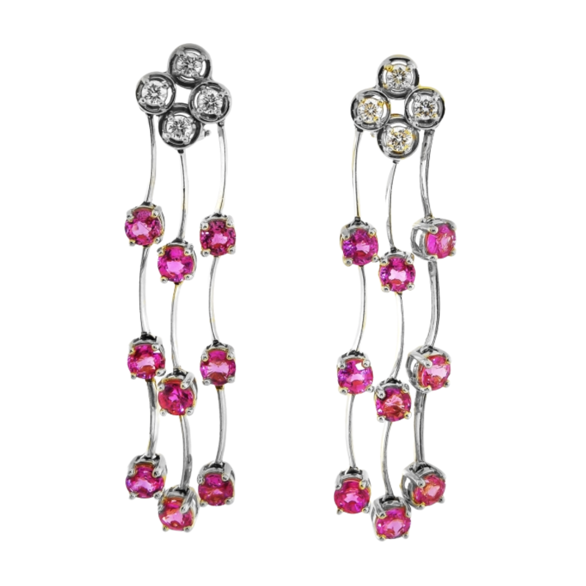 21907 Triple Cascade Dangle Drop Earings Designed & Handmade by Kaufmann de Suisse in 18kt White Gold featuring 12 Round Brilliant Cut Pink Sapphires weighing 8.45cts and 8 Round Brilliant