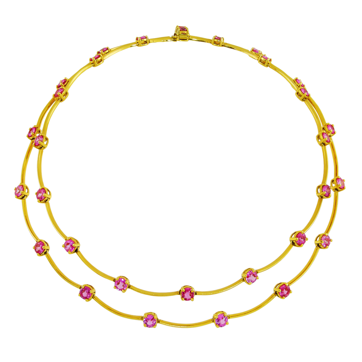 21909 Long Cascade Necklace Designed & Handmade by Kaufmann de Suisse in 18kt Yellow Gold featuring 30 Round Brilliant cut Pink Sapphires weighing a total of 18.15cts