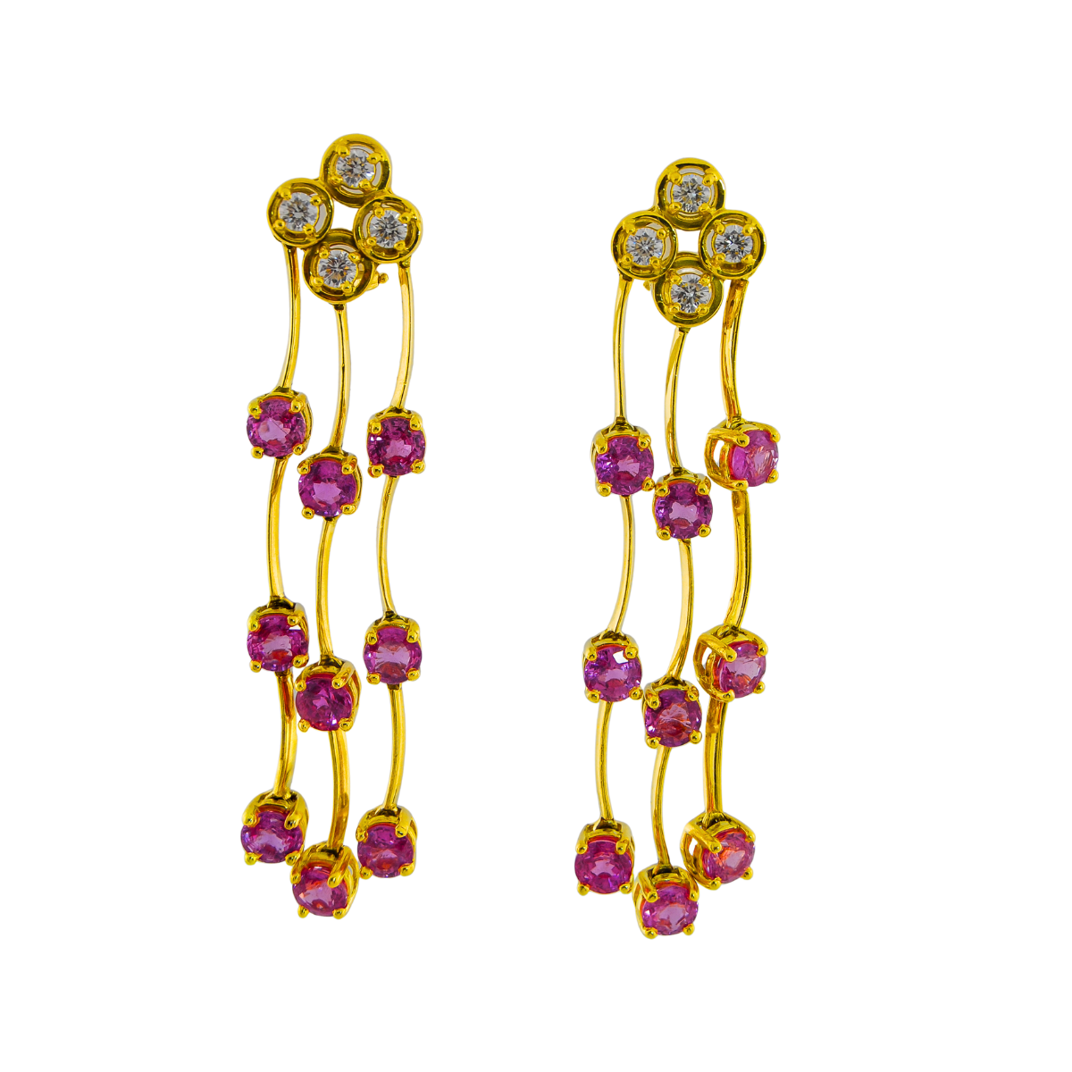 21934 Triple Cascade Pink Sapphire Dangle Drop Earrings Designed & Handmade by Kaufmann de Suisse in 18kt Yellow Gold featuring 8 Round Brilliant