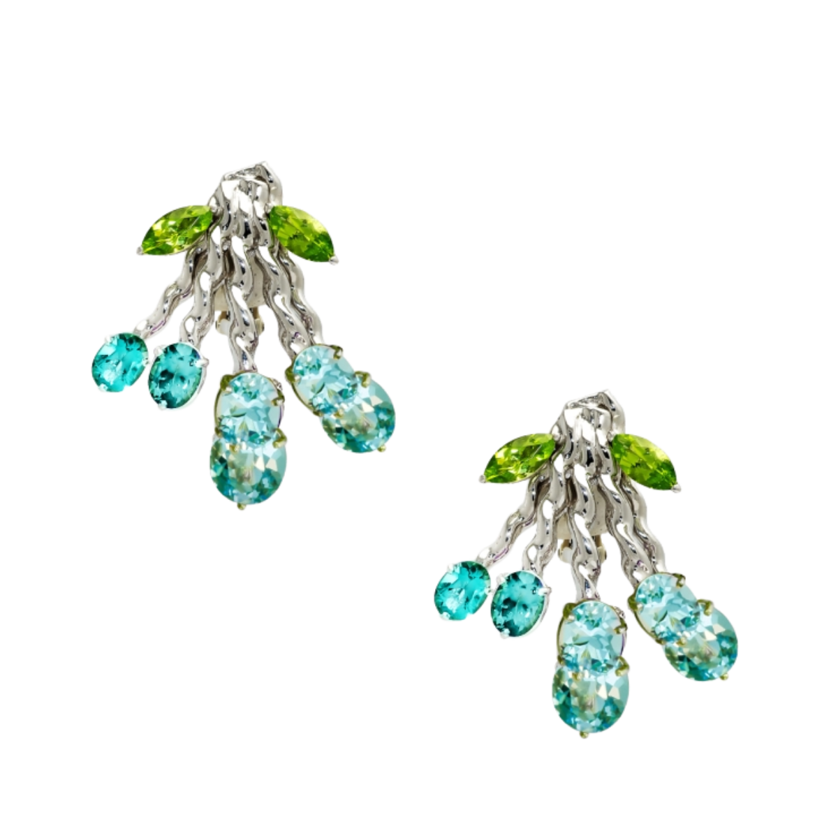 21985 Flowing Lines Bouquet Earrings Designed & Handmade in 18kt White Gold featuring 12 Oval Blue Topaz weighing a total of 18.72cts and 4 Marquise Cut Peridot weighing a total of 4.00cts