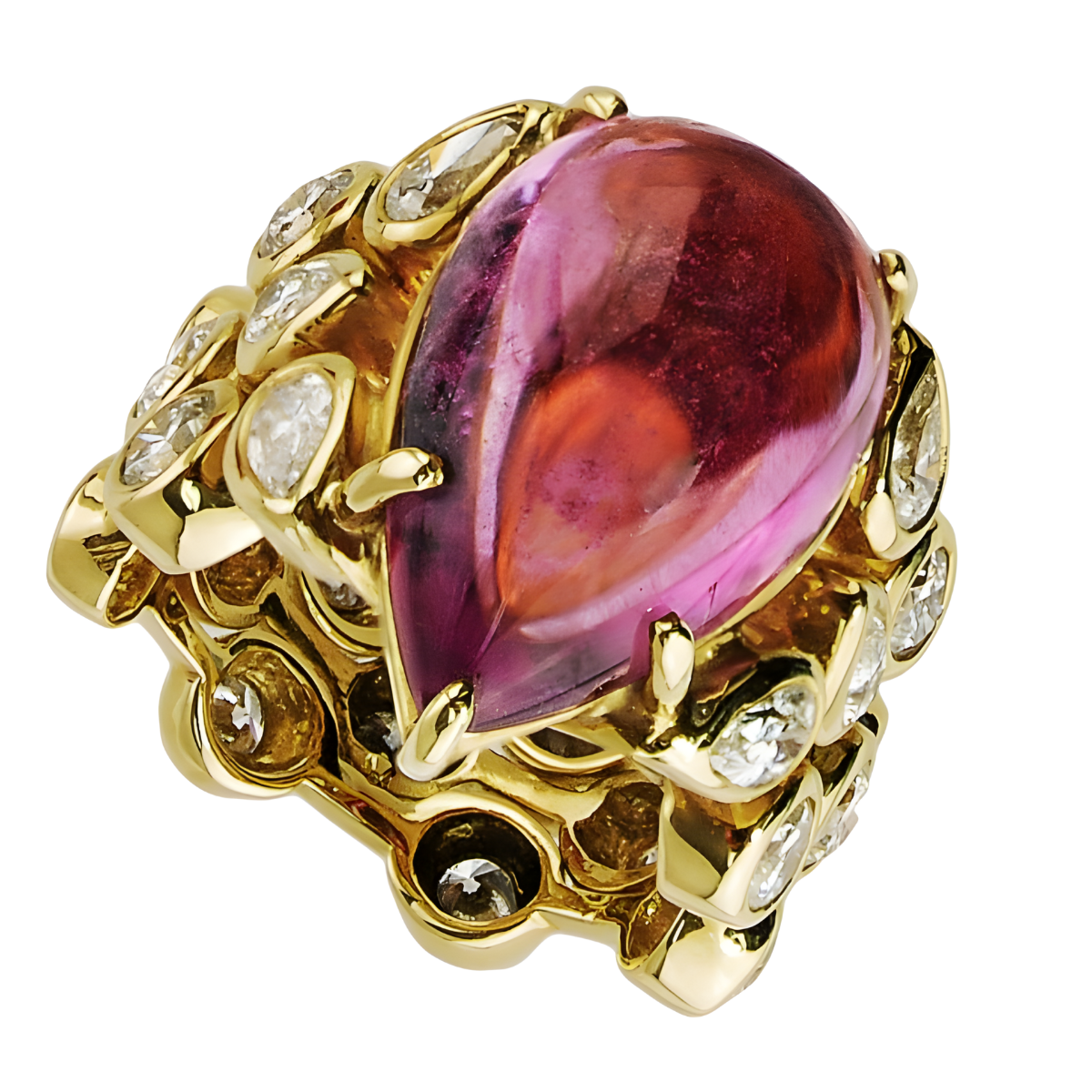 22148 Three Row Cascade Splash Ring Designed & Handmade by Kaufmann de Suisse in 18kt Yellow Gold featuring 1 Cushion Cut Rubellite weighing 32.51cts mounted with 23 Brilliant (1)