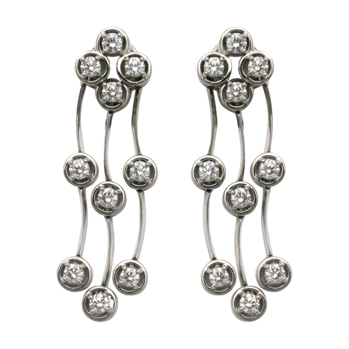22219 Diamond Cascade Dangles Designed and Handmade by Kaufmann de Suisse in 18K White Gold featuring 3 Rows of Diamond Dangles containing 50 Round Brilliant