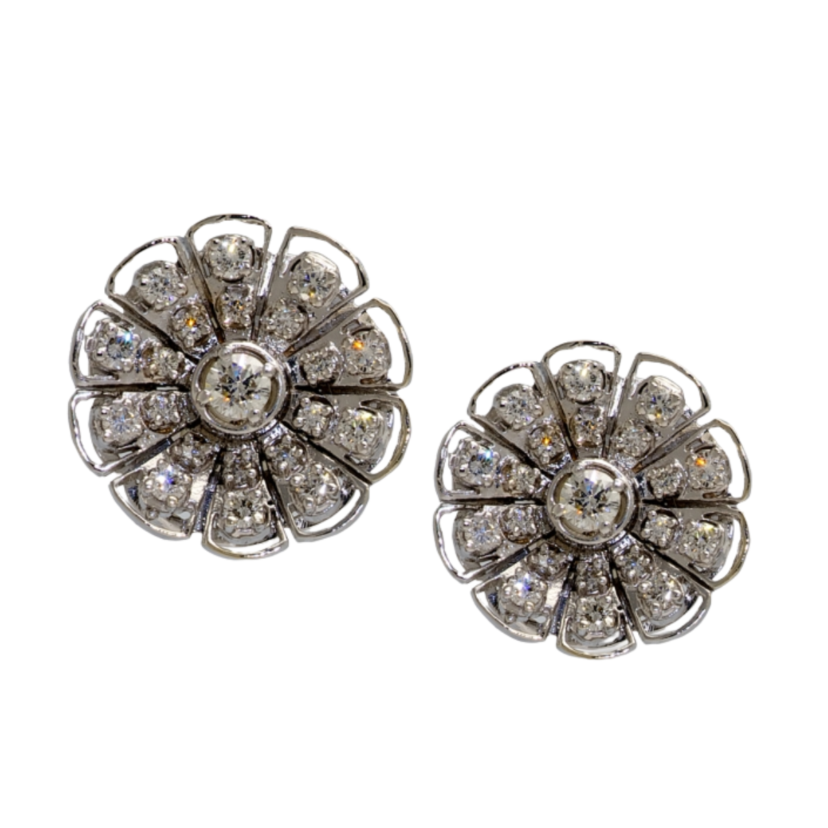 22236 Diamond Sunflower Clip On Earrings Designed & Handmade by Kaufmann de Suisse in 18kt White Gold featuring 42 Round Brilliant Cut GVS Quality Diamonds weighing a total of 2.81cts