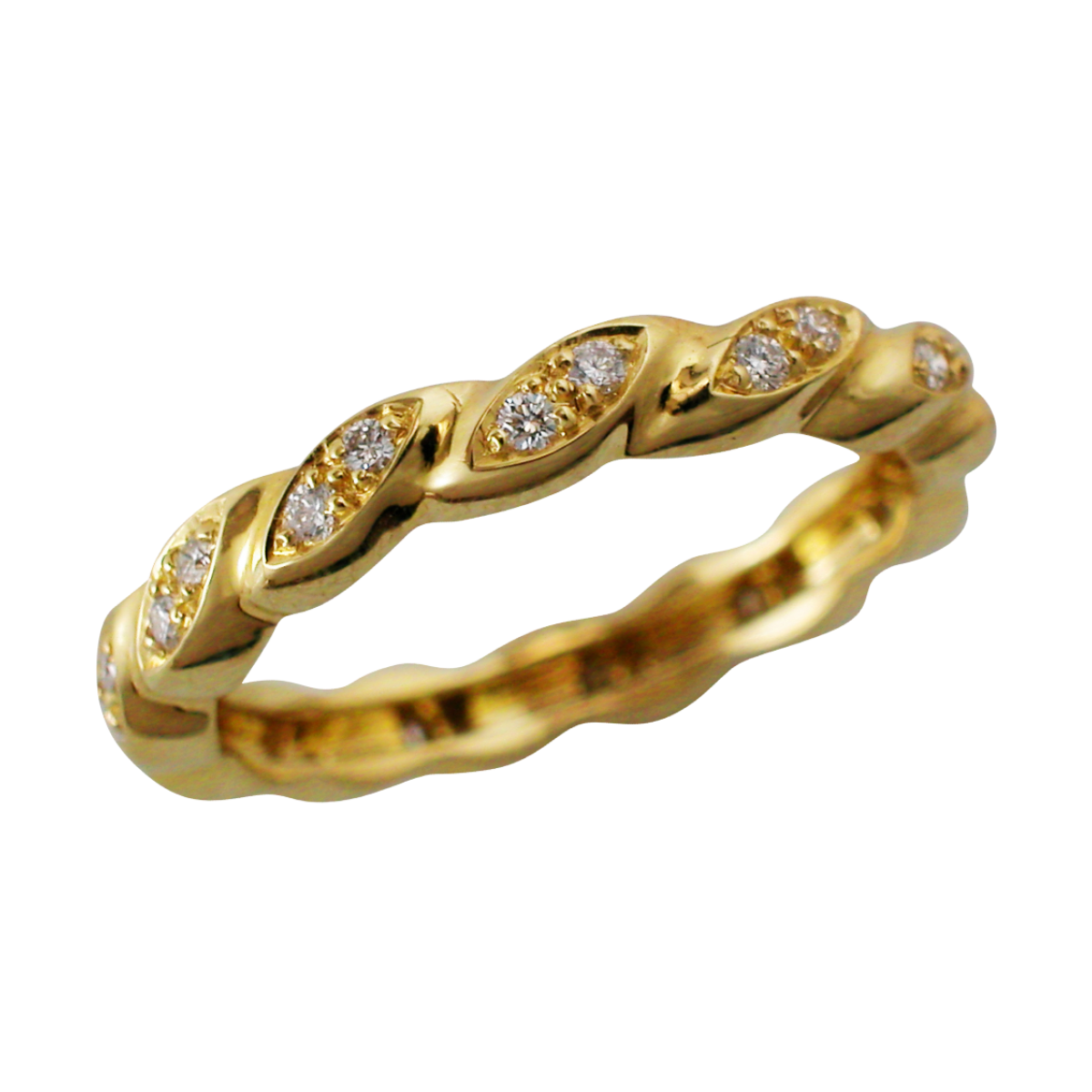 22273 Single Flowing Lines Diamond Eternity Band Designed and Handmade by Kaufmann de Suisse in 18kt Yellow Gold featuring 28 Round Brilliant Cut FVVS Quality Pave Set Diamonds weigthing