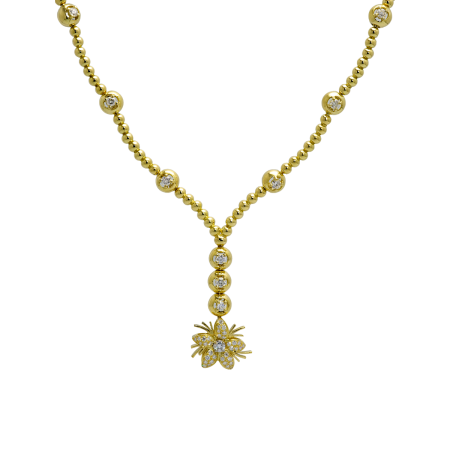 22318 Yellow Gold Bead & Diamond Jasmin Drop Necklace Designed & Handmade by Kaufmann de Suisse in 18kt Yellow Gold featuring 104 Round Brilliant