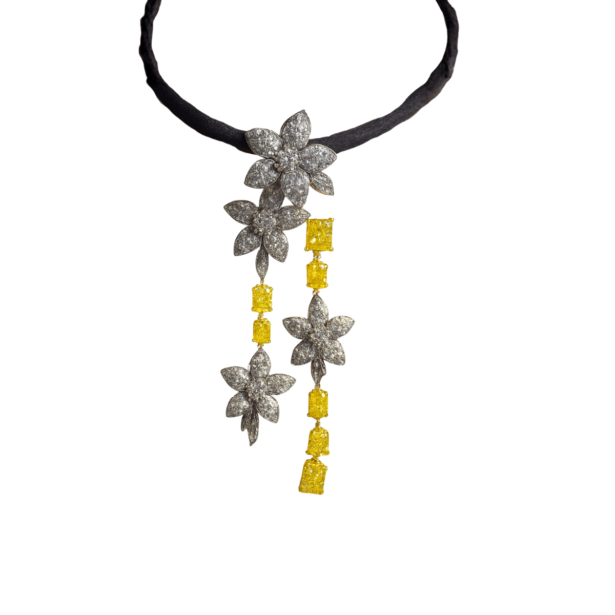 22553 Jasmin de Nuit Yellow Sapphire & Diamond Pendant Designed & Handmade by Kaufmann de Suisse in 18kt White Gold featuring 104 Round Brilliant Cut