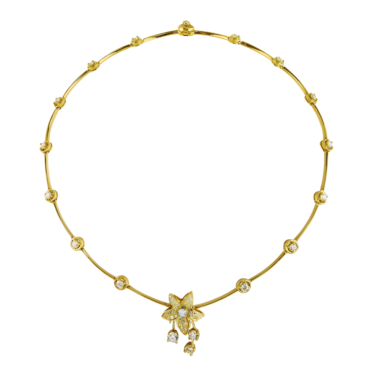 22560 Cascade Diamond Necklace with Jasmin Drop Designed and Handmade by Kaufmann de Suisse in 18kt Yellow Gold featuring 54 Round Brilliant cut