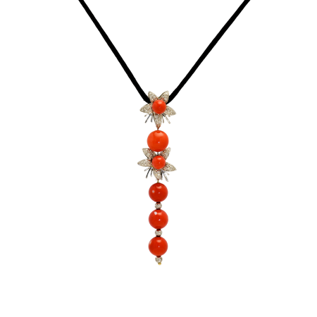 22762 Jasmin de Nuit Coral & Diamond Pendant Designed & Handmade by Kaufmann de Suisse in 18kt White Gold featuring 6 Red Coral Beads measuring