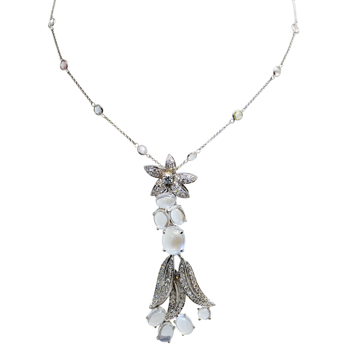22994 Jasmin de Nuit Feuille Necklace Designed and Handmade by Kaufmann de Suisse in 18kt White Gold featuring 108 Round Brilliant Cut GSI Quality Diamon