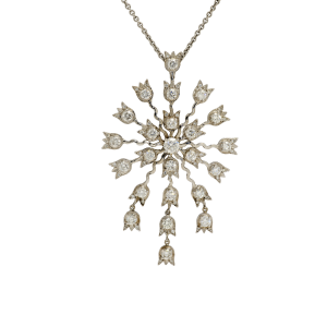 23041 Lilly of the Valley Diamond Pendant Designed & Handmade by Kaufmann de Suisse in 18kt White Gold featuring 23 Round Brilliant Cut GSI Quality Diamonds