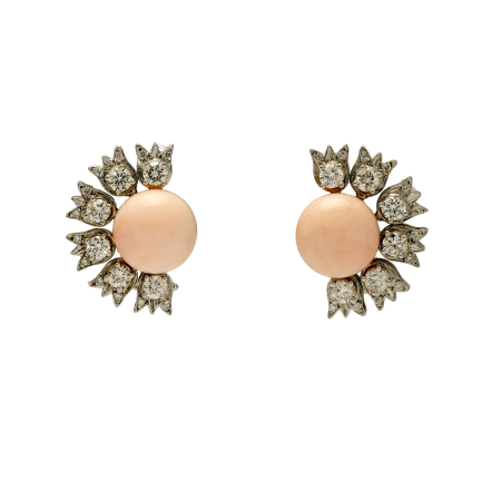 23073 Lilly of the Valley Button Coral and Diamond Clip Earrings Designed & Handmade by Kaufmann de Suisse in 18kt White Gold featuring