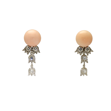 23076 Lilly of the Valley Button Coral and Diamond Dangle Earrings Designed & Handmade by Kaufmann de Suisse in 18kt White Gold featuring
