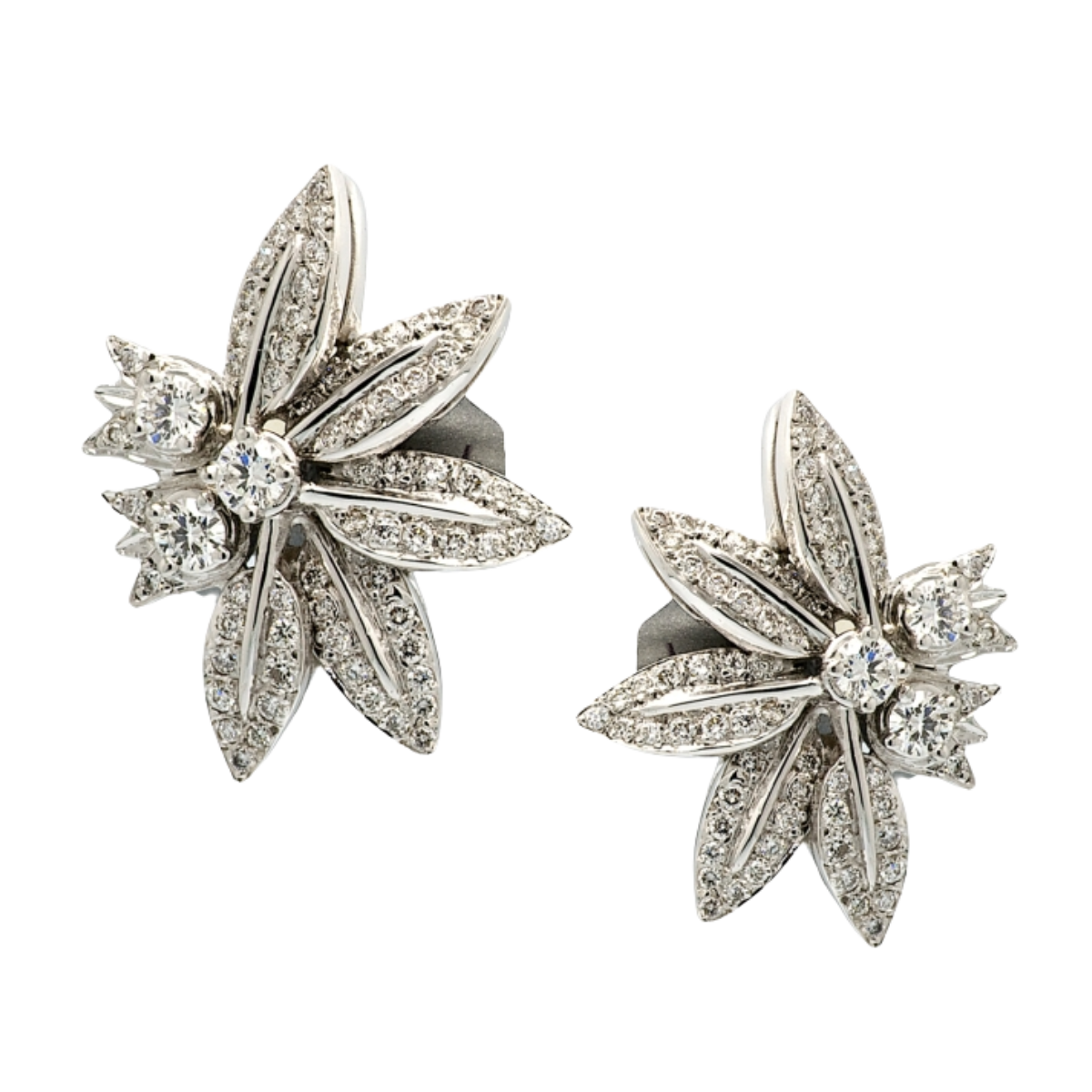 23091 Diamond Feuille Earclips Designed & Handmade by Kaufmann de Suisse in 18kt White Gold featuring 140 Round Brilliant cut GVS Quality Diamonds weighing a total of 2.11cts
