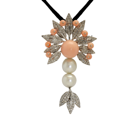 23095 Peacock Feuille Pendant with Coral, Pearls & Diamonds Designed & Handmade by Kaufmann de Suisse in 18kt White Gold featuring one Cabochon Cut Half Round Angel