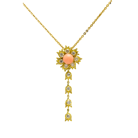23098 Lilly of the Valley Coral & Diamond Pendant Designed & Handmade by Kaufmann de Suisse in 18kt Yellow Gold featuring one 8.5mm Coral Bead and 33 Round