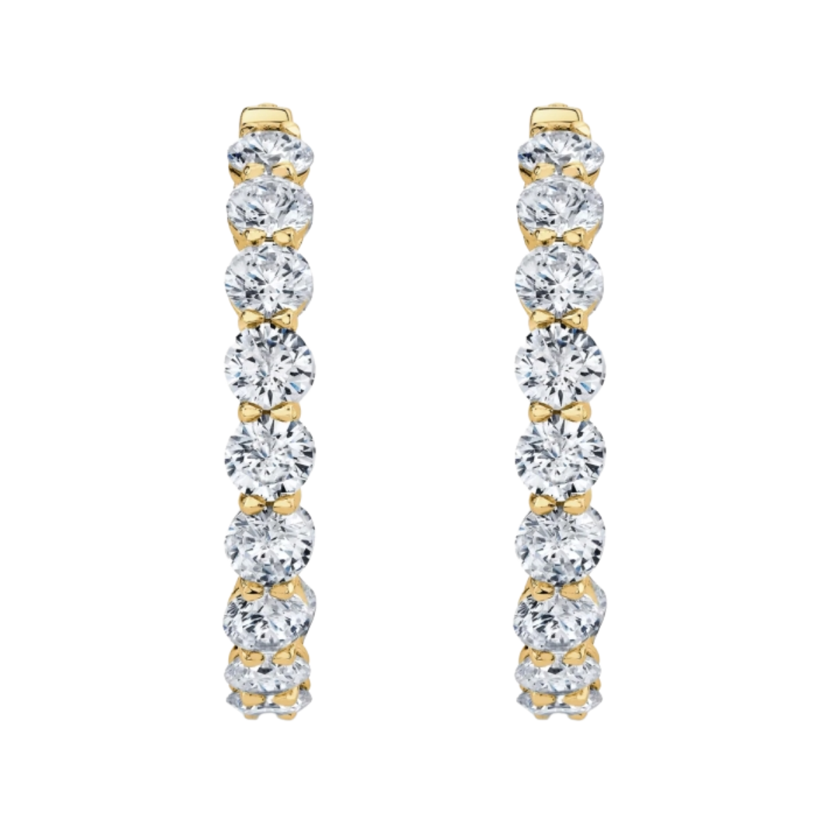 23220 Diamond J Hoops Designed & Handmade by Kaufmann de Suisse in 18kt Yellow Gold featuring 28 Round Brilliant cut HSI Quality Diamonds weighing a total of 4.52cts