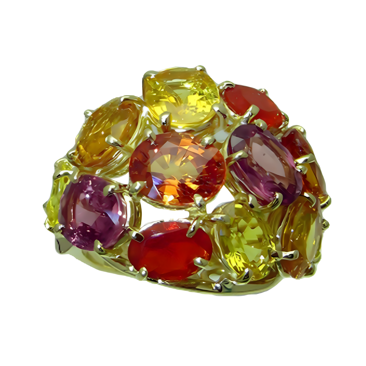 23263 Multi Colored Stone Ring Designed and Handmade by Kaufmann de Suisse in 18kt Yellow Gold featuring 3 Oval Yellow Sapphires weighing 3.08cts