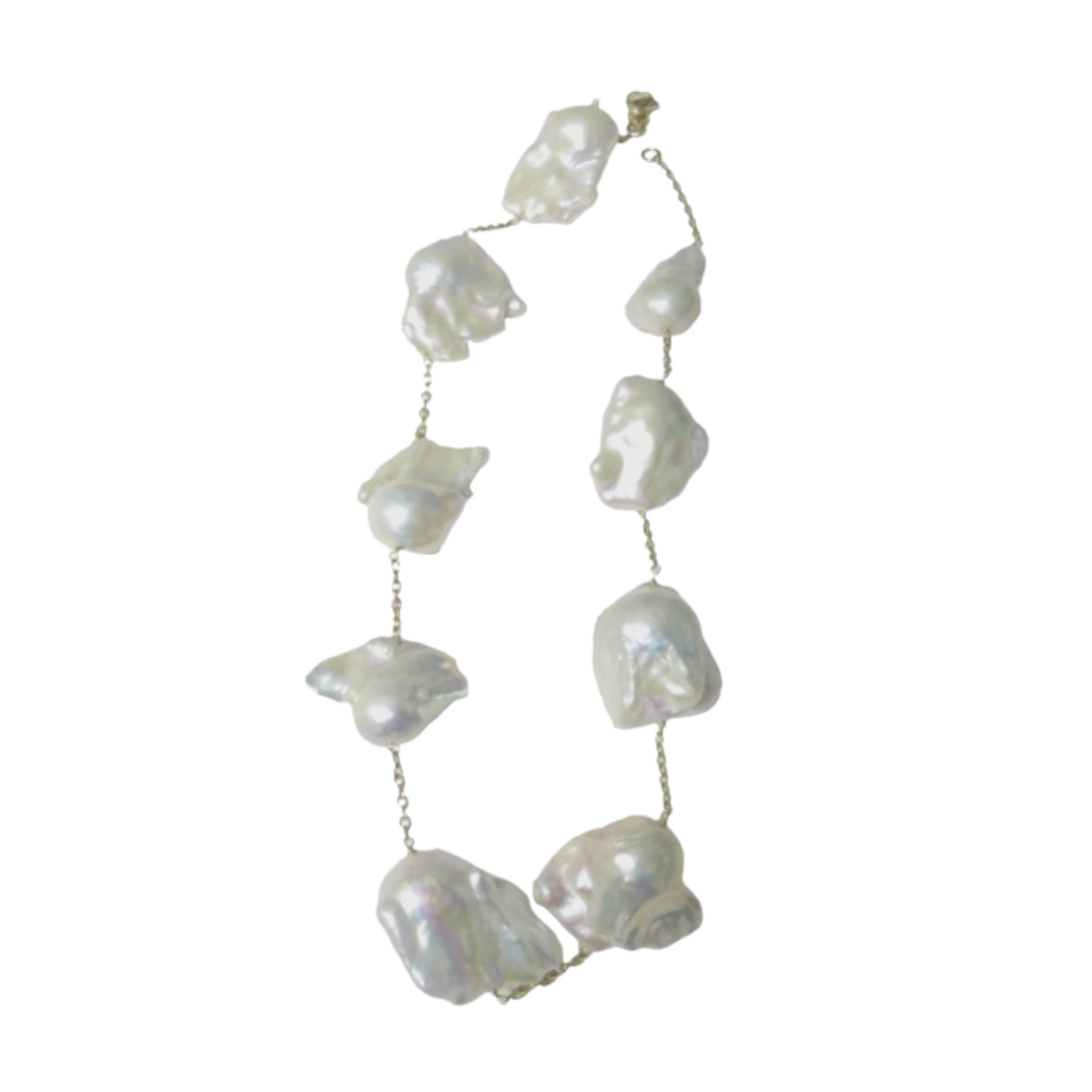 23292 Baroque Freshwater Pearl Chain Necklace Designed and Handmade by Kaufmann de Suisse in 14kt Yellow Gold featuring 9 Baroque Freshwater Pearls Measuring from 22 to 33mm