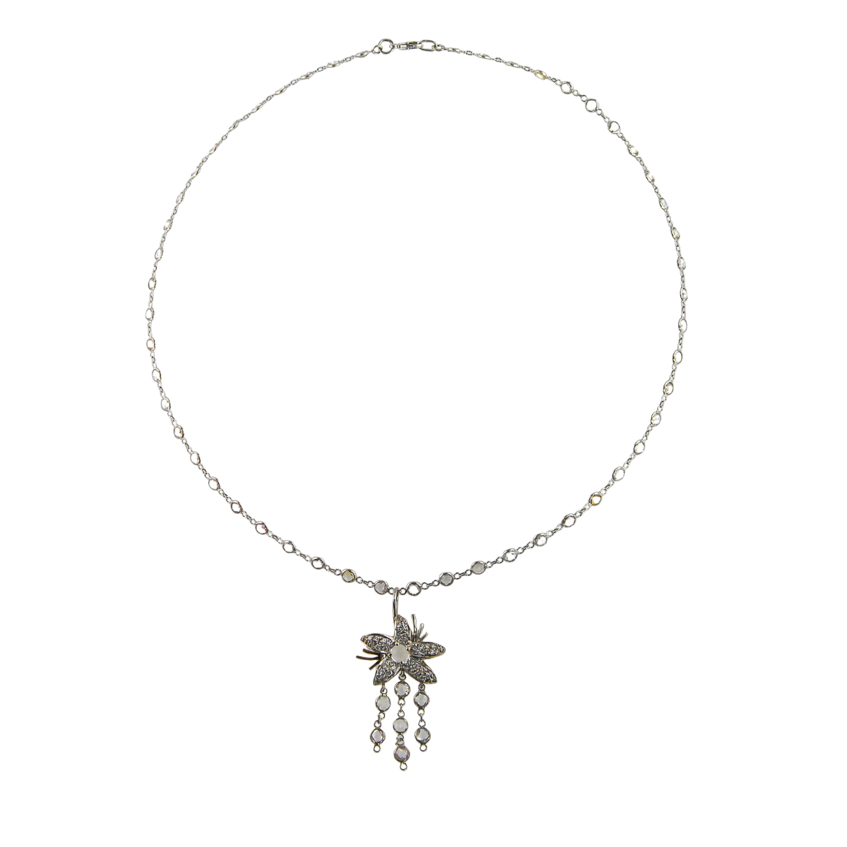 23301 Jasmin de Nuit Moonstone & Diamond Pendant Designed and Handmade by Kaufmann de Suisse in 18kt White Gold featuring 48 Round Brillinat