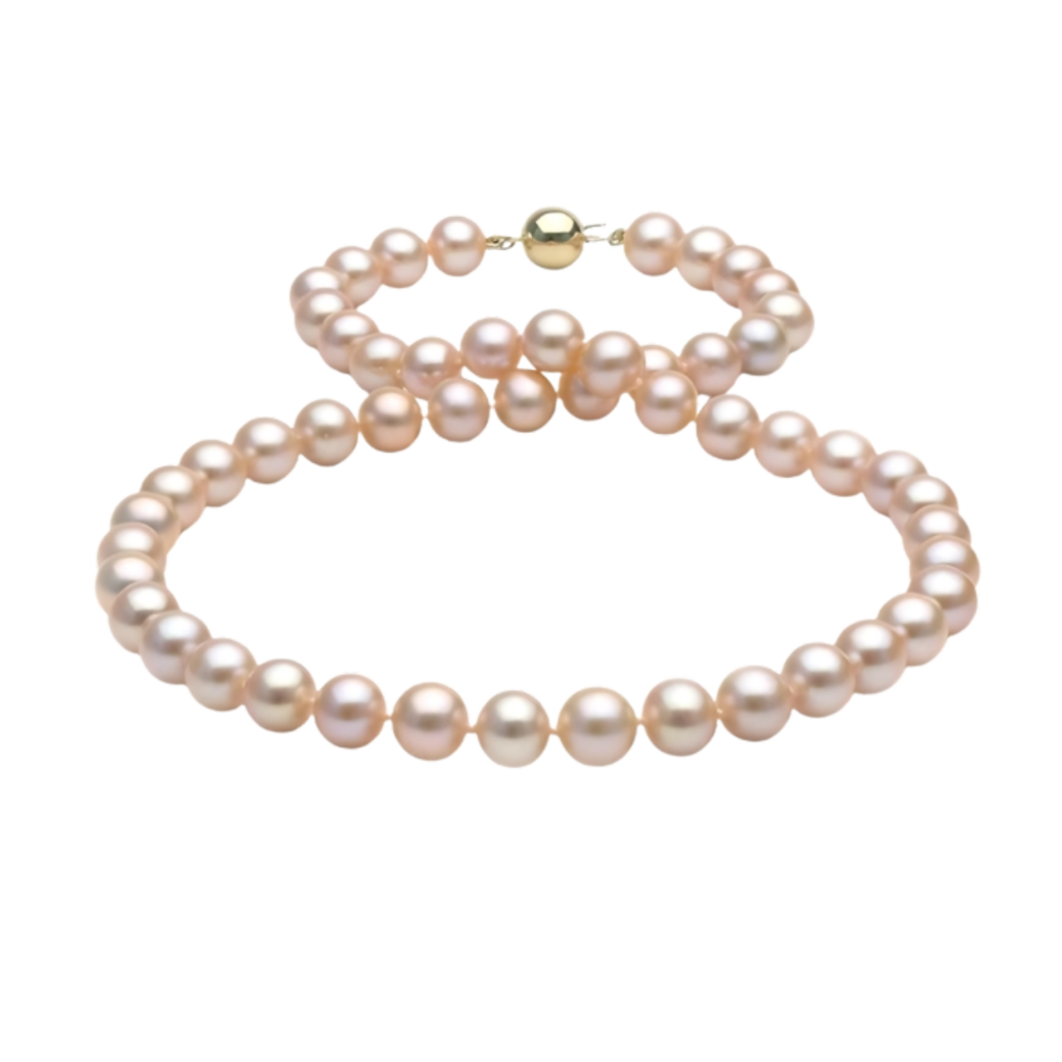 23343 Freshwater Pearl Strand Necklace Designed and Handmade by Kaufmann de Suisse featuring 136 Peach Color Freshwater Pearls measuring 8.5 to 9.3mm strung with an 18kt Yellow Gold Diam