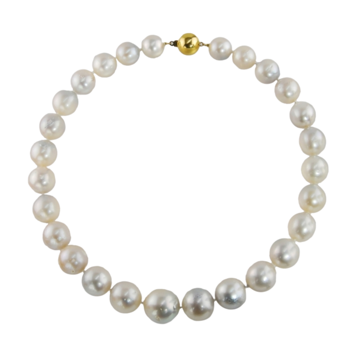 23386 18 Inch South Sea Pearl Necklace featuring 27 South Sea Pearls measuring 13 17mm with medium Blemishes and an 18kt Yellow Gold Ball Clasp
