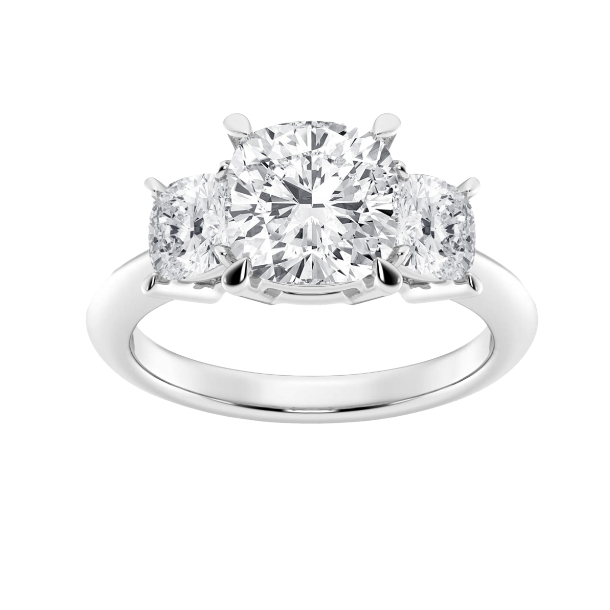 23396 Classic Three Stone Diamond Engagment Ring Designed and Handmade in Platinum featuring one Cushion Cut GSI2 Quality GIA Certified 2.37cts Diamond flanked by 2 Cushion Cut