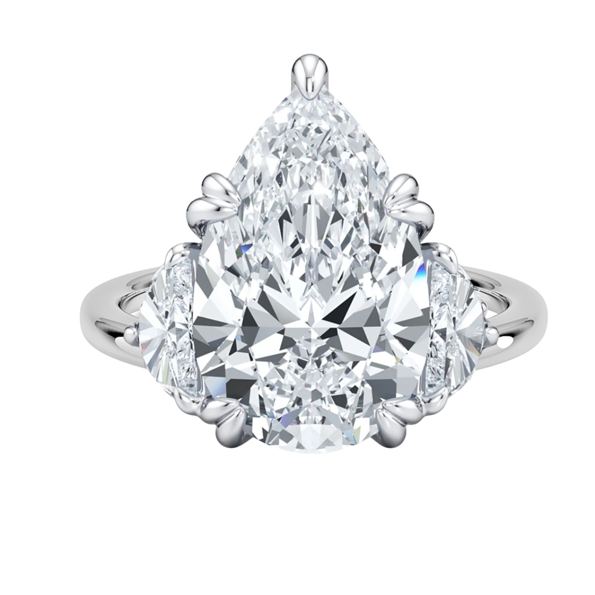 23427 Pear Shape Diamond Ring Designed and mounted in Platinum by Kaufmann de Suisse featuring one 6.84cts GS1 GIA Certified Pear Shape Diamond flanked by two Half Moon FVS