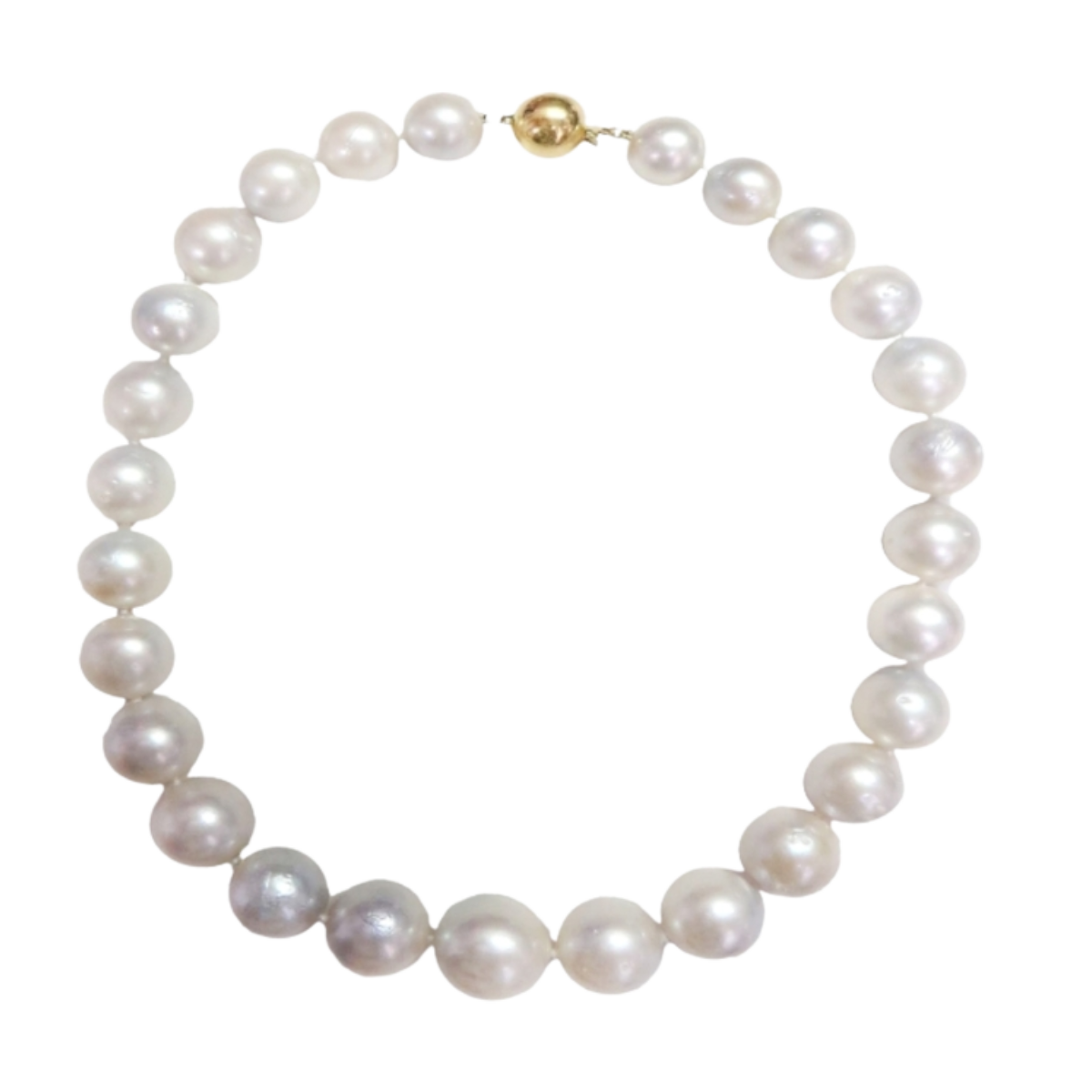 23591 19 Inch Round South Sea Pearl Strand Necklace featuring 29 Round South Sea Pearls measuring from 14 to 18mm with an 18kt Yellow Gold Tongue in Oval Swirl Clasp