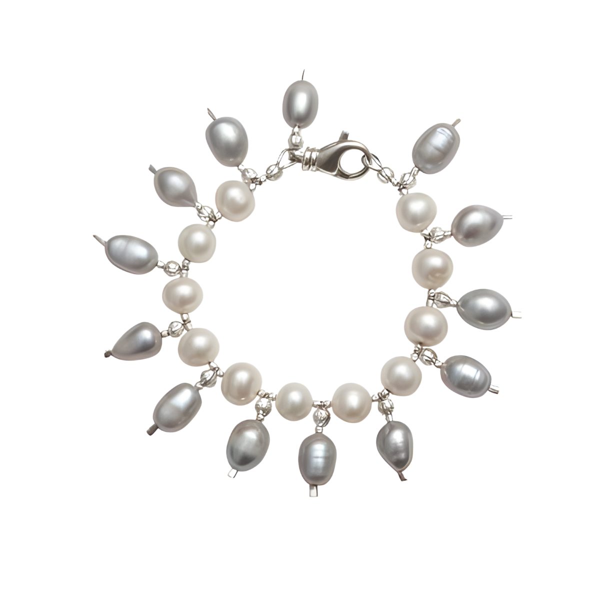 23933 Small Sea Grape Bracelet with Grey and White PearlsBeautifully Accented With Diamond Cut Sterling Silver Beads (1)