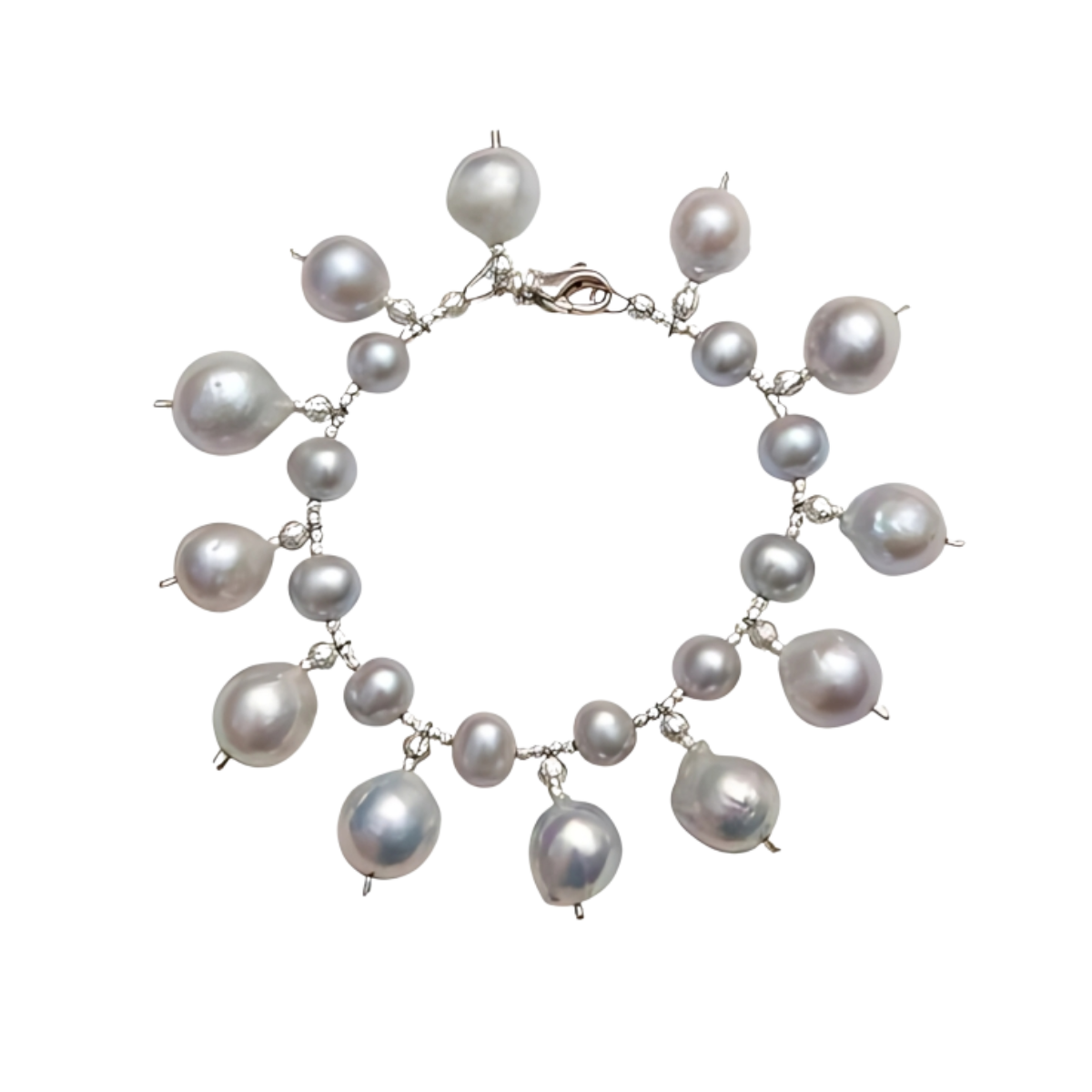 23934 Grey Freshwater Pearl Bracelet with Grey Pearl DropsBeautifully Accented With Diamond Cut Sterling Silver Beads