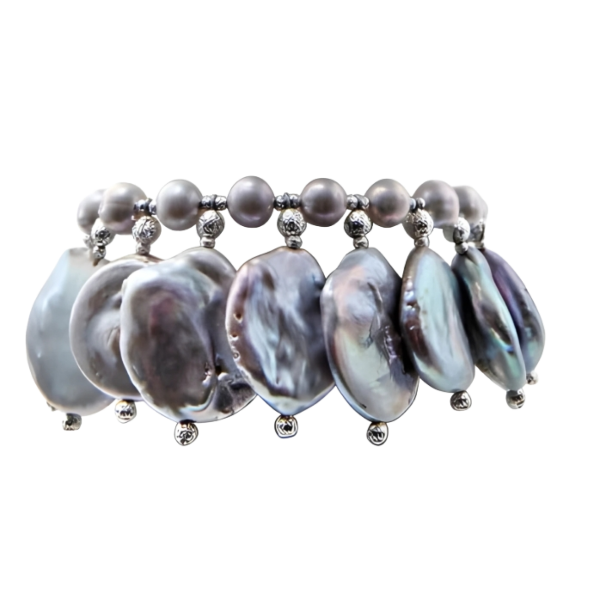 23936 Grey Coin Drop BraceletBeautifully Accented With Diamond Cut Sterling Silver Beads