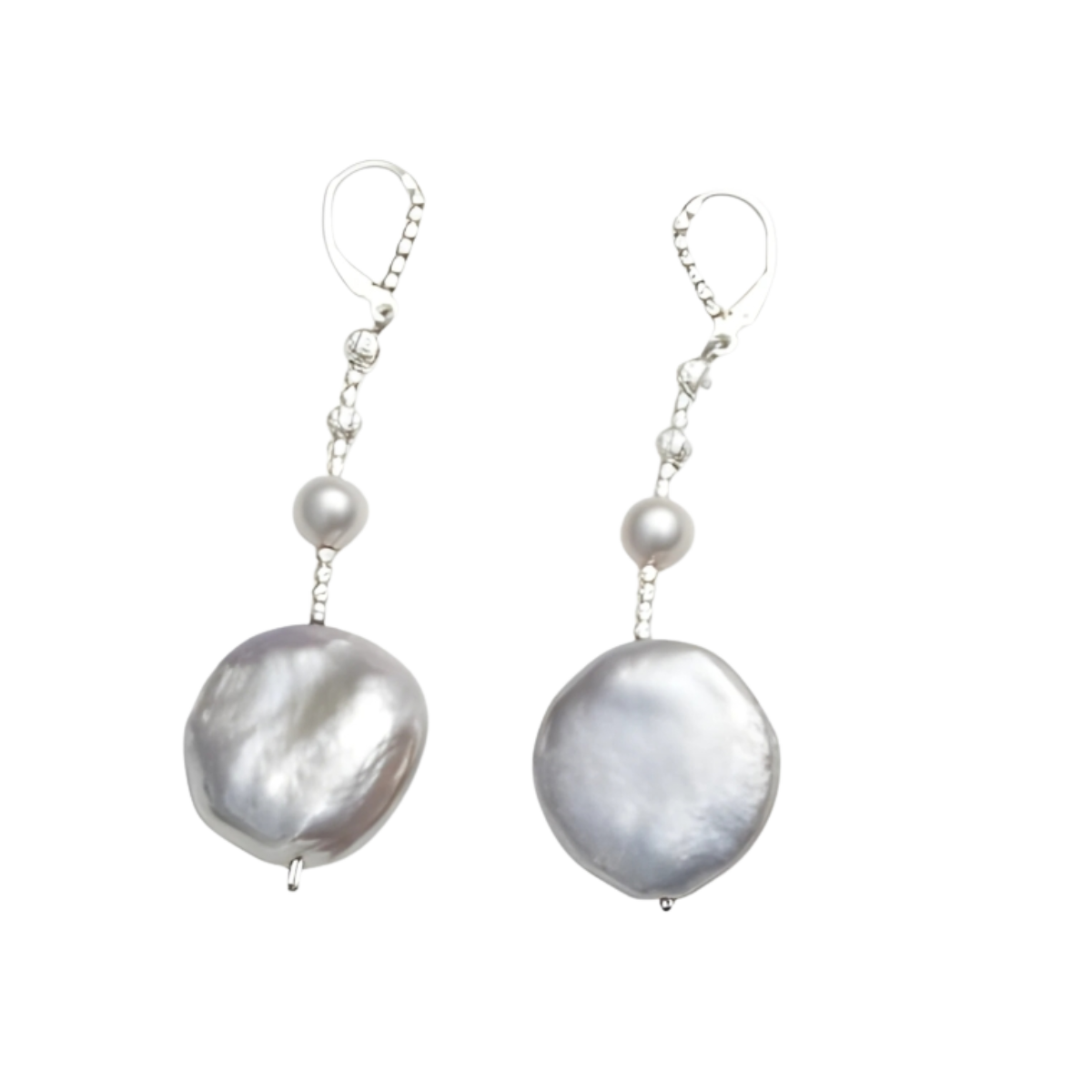 23969 Grey Coin Pearls Drop EarringsBeautifully Accented with Diamond Cut Sterling Silver BeadsIncludes a Certificate of Guarantee