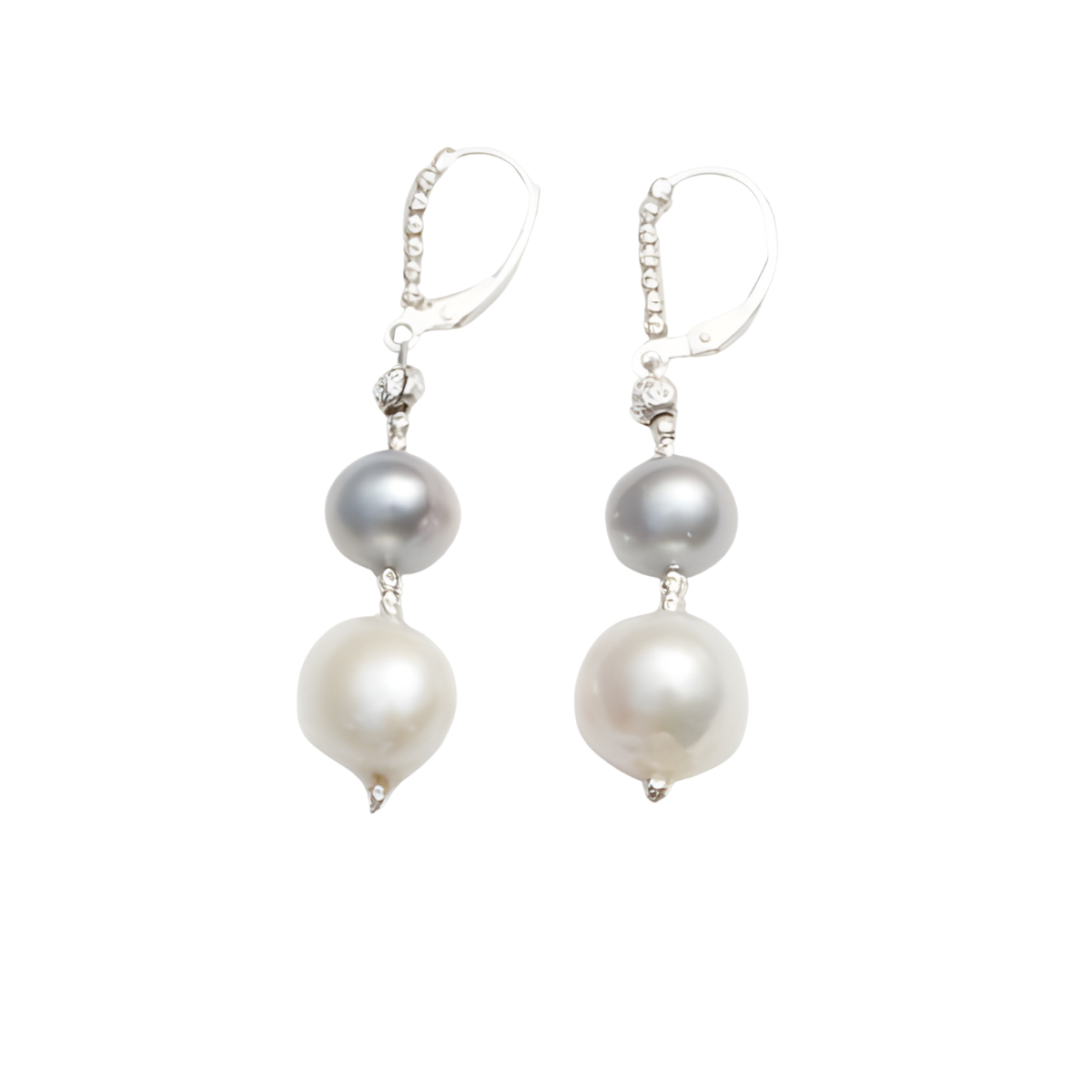 23978 Freshwater Cultured Dark Grey & White Pearl Drop EarringsBeautifully Accented With Diamond Cut Sterling Silver BeadsIncludes a Certificate of Guarantee