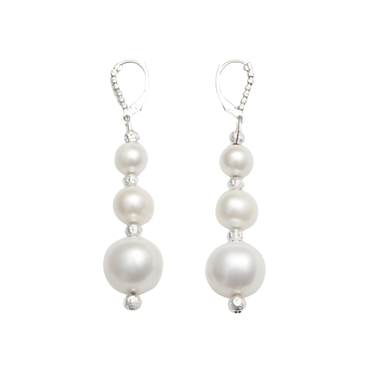 23985 White Pearl Drop Earrings in a Three Tiered DesignBeautifully Accented With Diamond Cut Sterling Silver BeadsIncludes a Certificate of Guarantee (1)