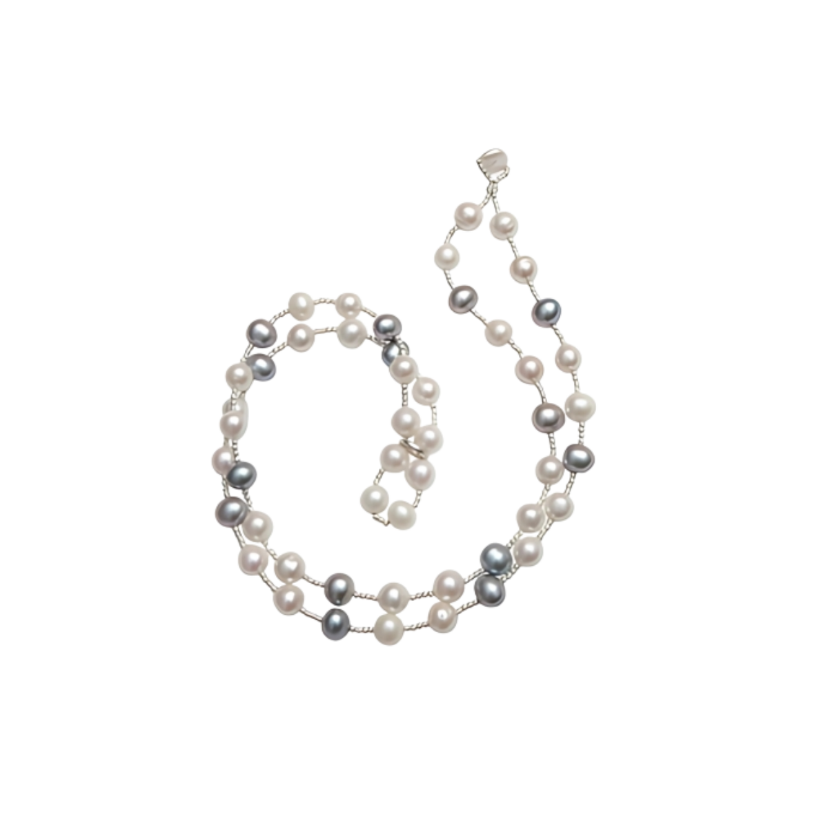 23988 Dark Grey & White Off Round Freshwater Pearl Wrap BraceletBeautifully Accented With Diamond Cut Sterling Silver Beads