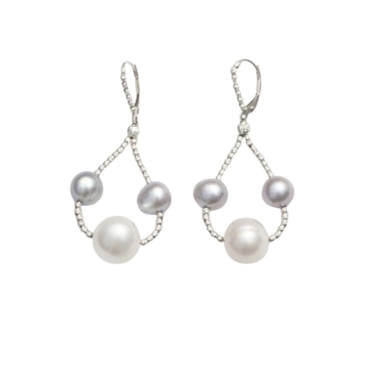 23989 Grey and White Pearl Drop EarringsBeautifully Accented With Diamond Cut Sterling Silver BeadsIncludes a Certificate of Guarantee