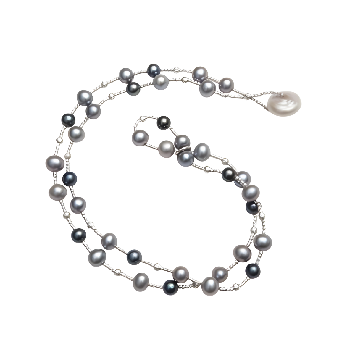 23996 Grey & Black Dyed Pearl Wrap BraceletBeautifully Accented With Diamond Cut Sterling Silver Beads (1)