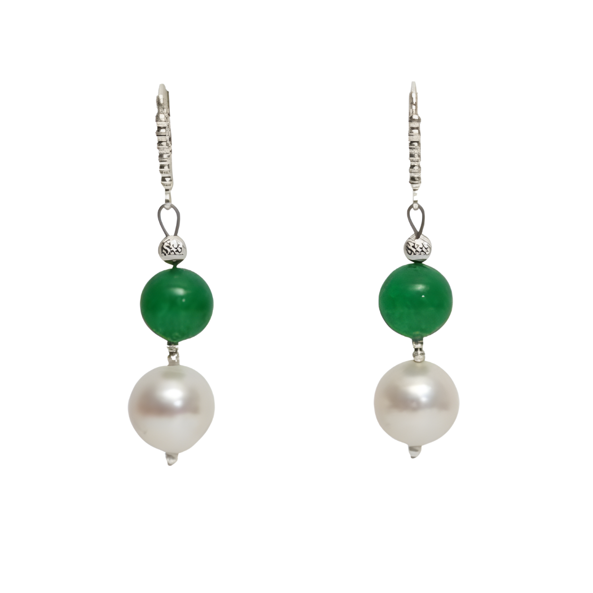 24017 Pearl & Dyed Green Jade EarringsBeautifully Accented With Diamond Cut Sterling Silver BeadsIncludes a Certificate of Guarantee (1)